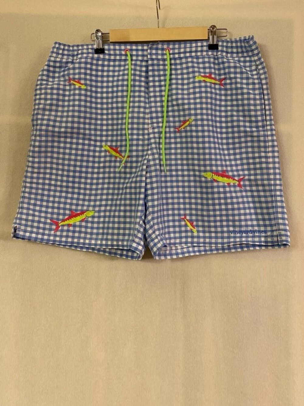 Vineyard Vines blue white gingham check bonefish embroidered Cabana swim trunks
